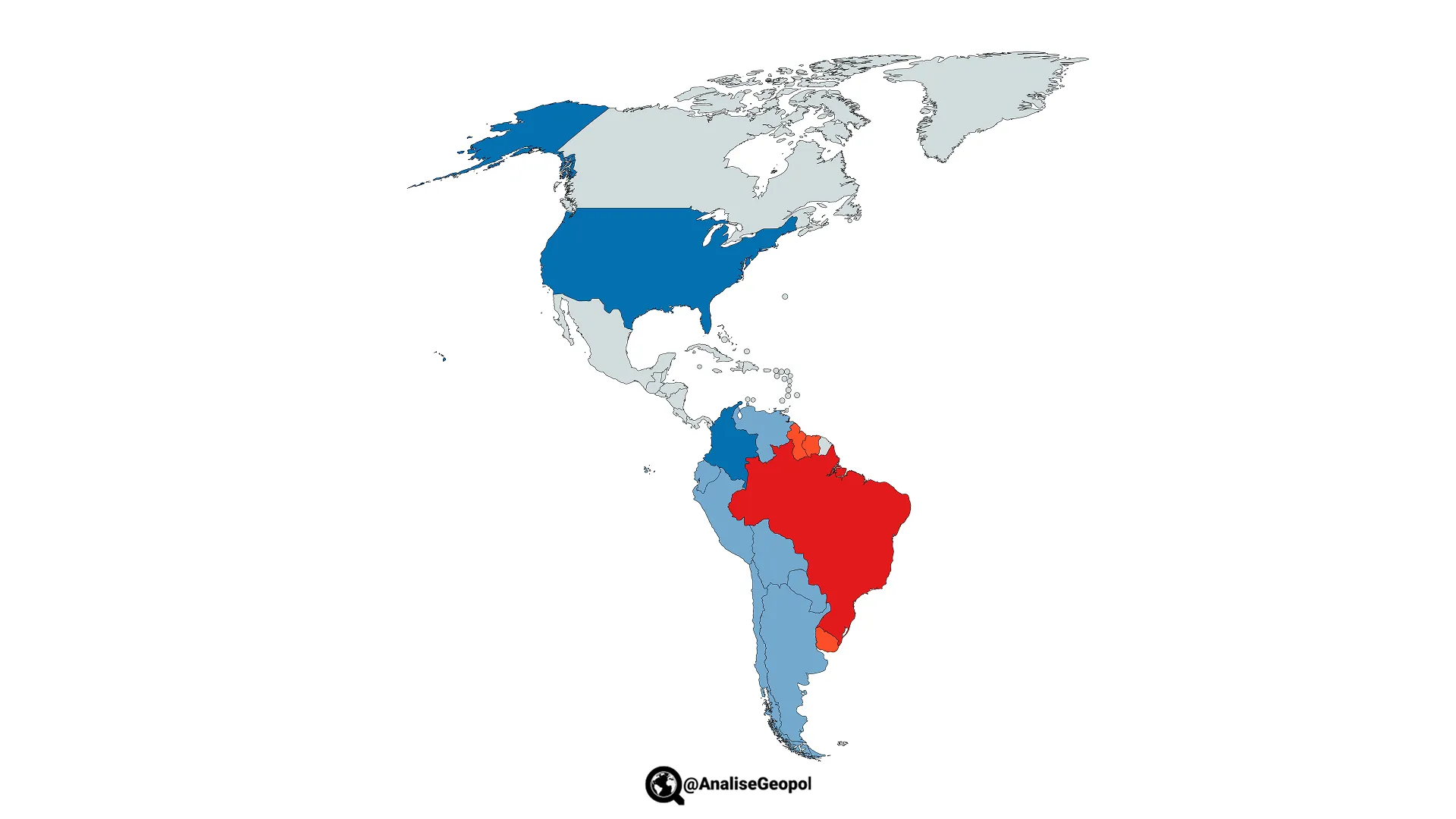 Mapa dos países sul-americanos alinhados aos interesses dos EUA na América do Sul pintados de azul, em vermelho o Brasil e países não alinhados aos EUA